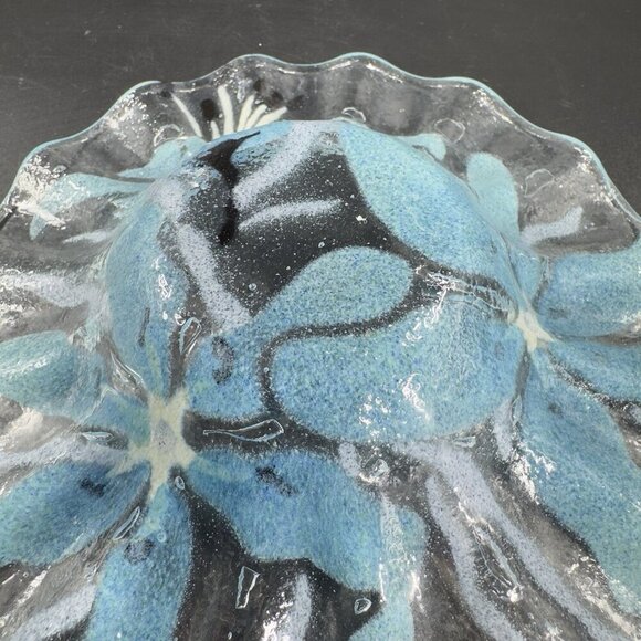 Sydenstricker Bowl Dish Fused Art Glass Ruffled Bowl Clear Blue Flowers Signed - Picture 5 of 15
